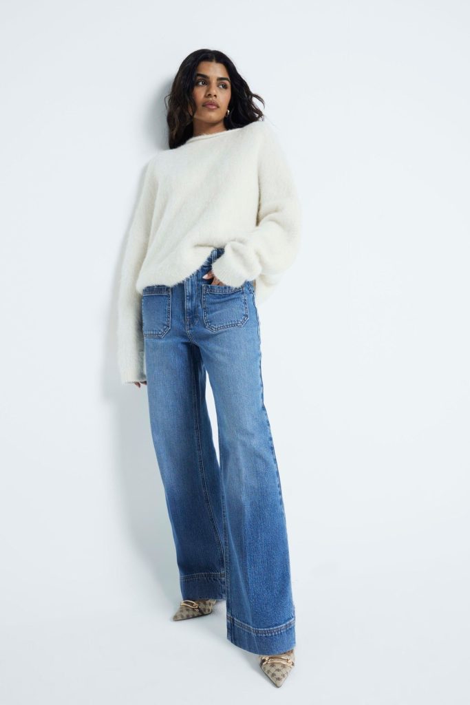 RID248 Blue Light Petite High Rise Flare Jeans