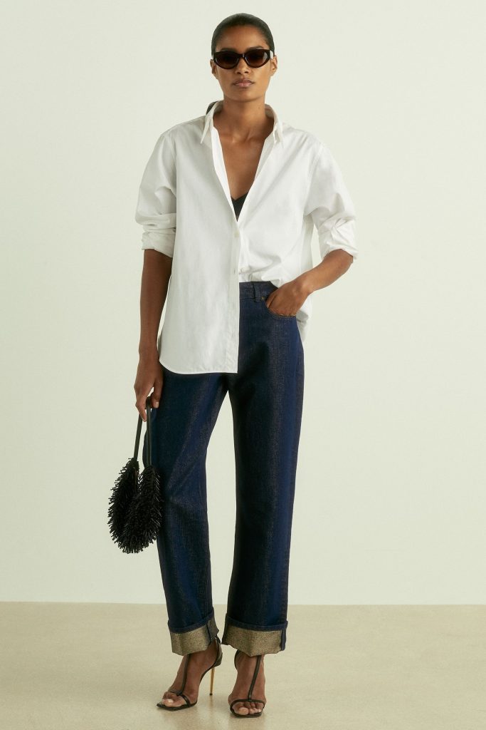 RID243 Slim-Leg Metallic-Thread Turn-Up Jeans