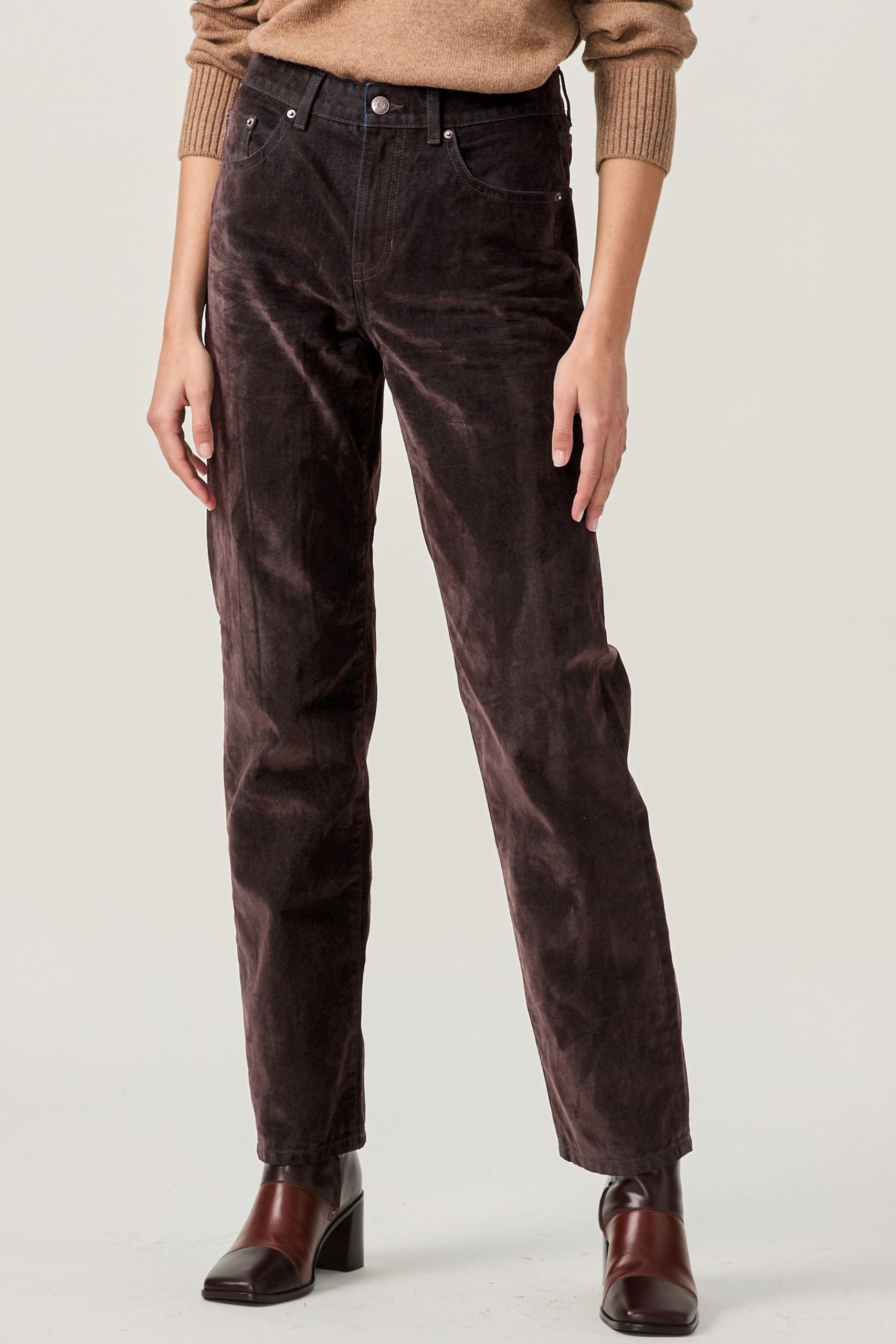 RID257 Brown Velvet Flocked 100% Cotton Rigid Straight Leg Jeans - Image 3