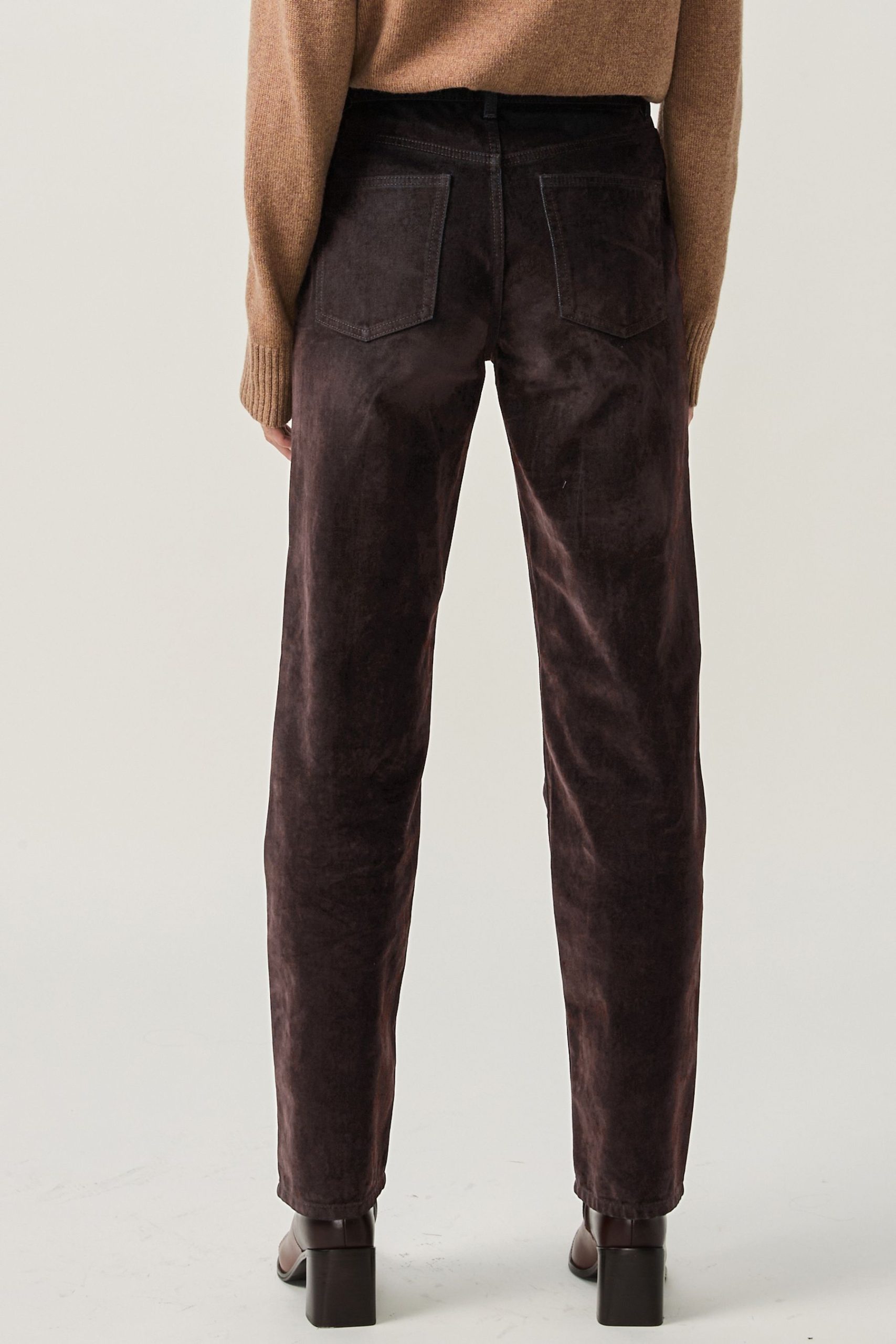 RID257 Brown Velvet Flocked 100% Cotton Rigid Straight Leg Jeans - Image 4