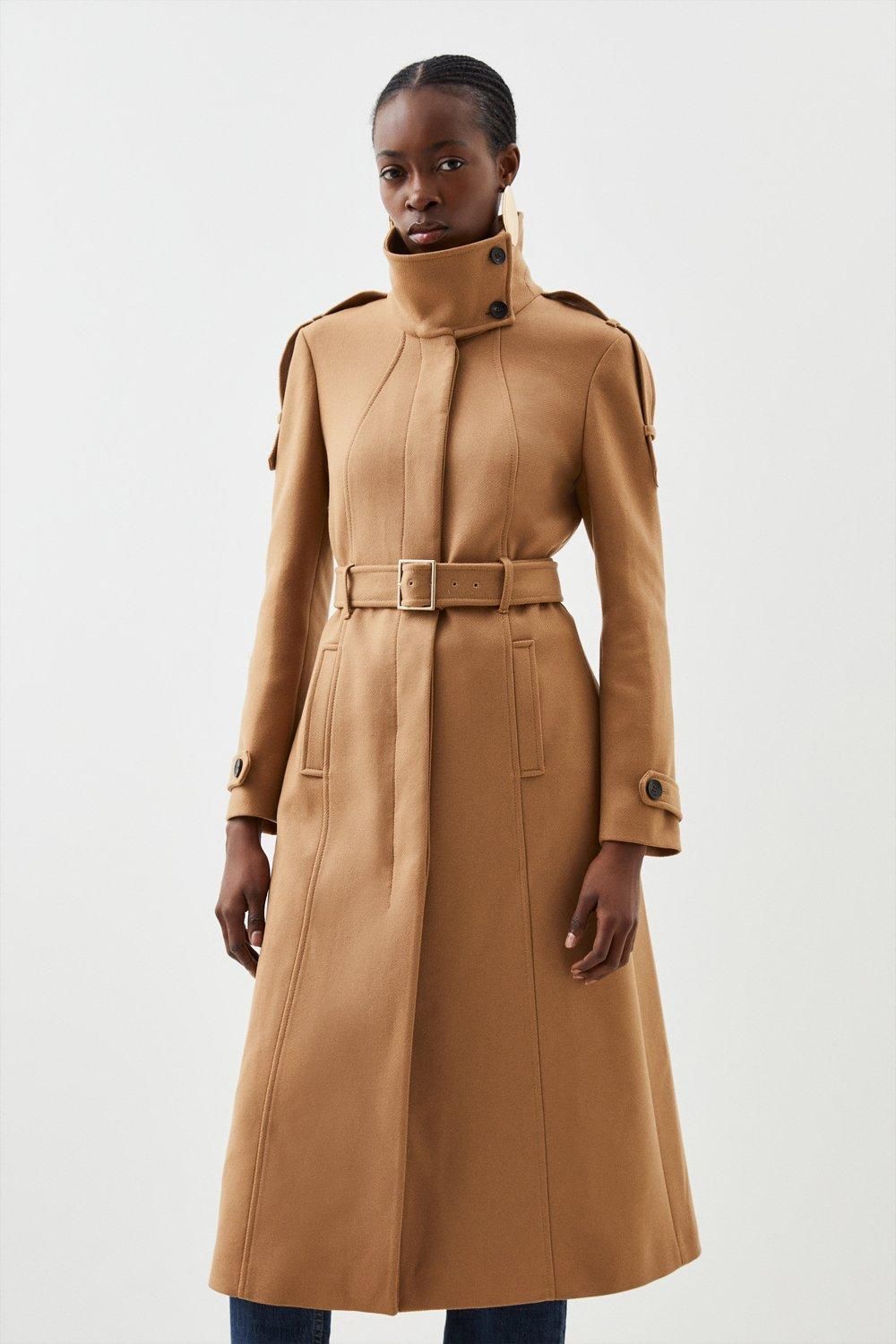 RID237 Wool Blend Tailored Epaulette Detail Belted Coat - Image 3